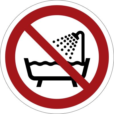 Verbotszeichen Verbot, dieses Gerät in der Badewanne, Dusche oder über mit Wasser gefülltem Becken zu benutzen