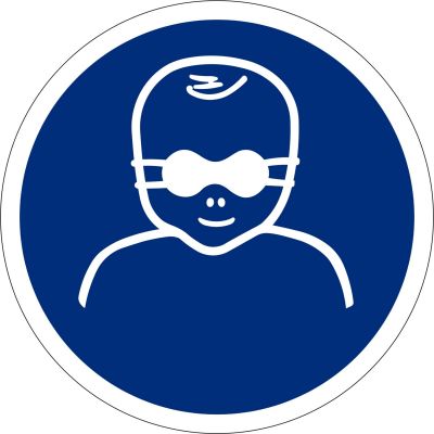 Gebotszeichen Kleinkinder durch weitgehend lichtundurchlässige Augenabschirmung schützen